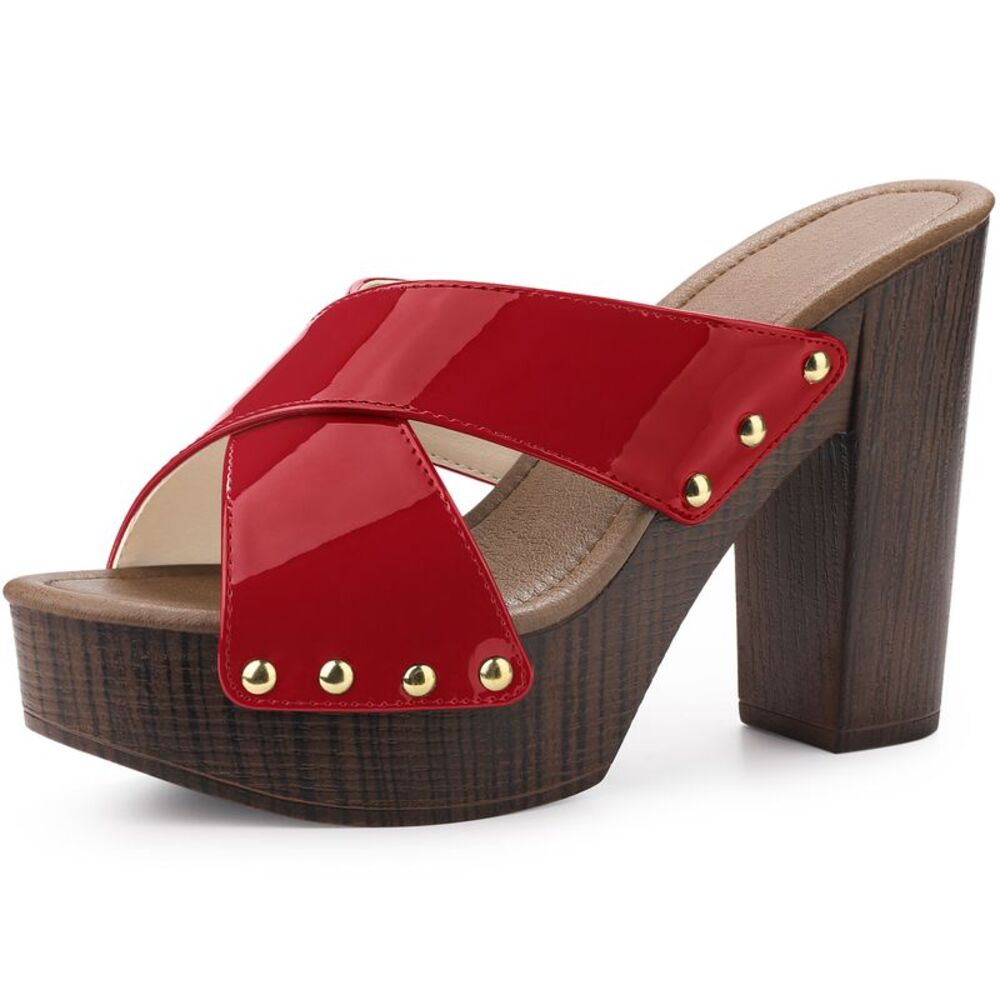 Platform Crisscross Strap Chunky Heels Sandals Red